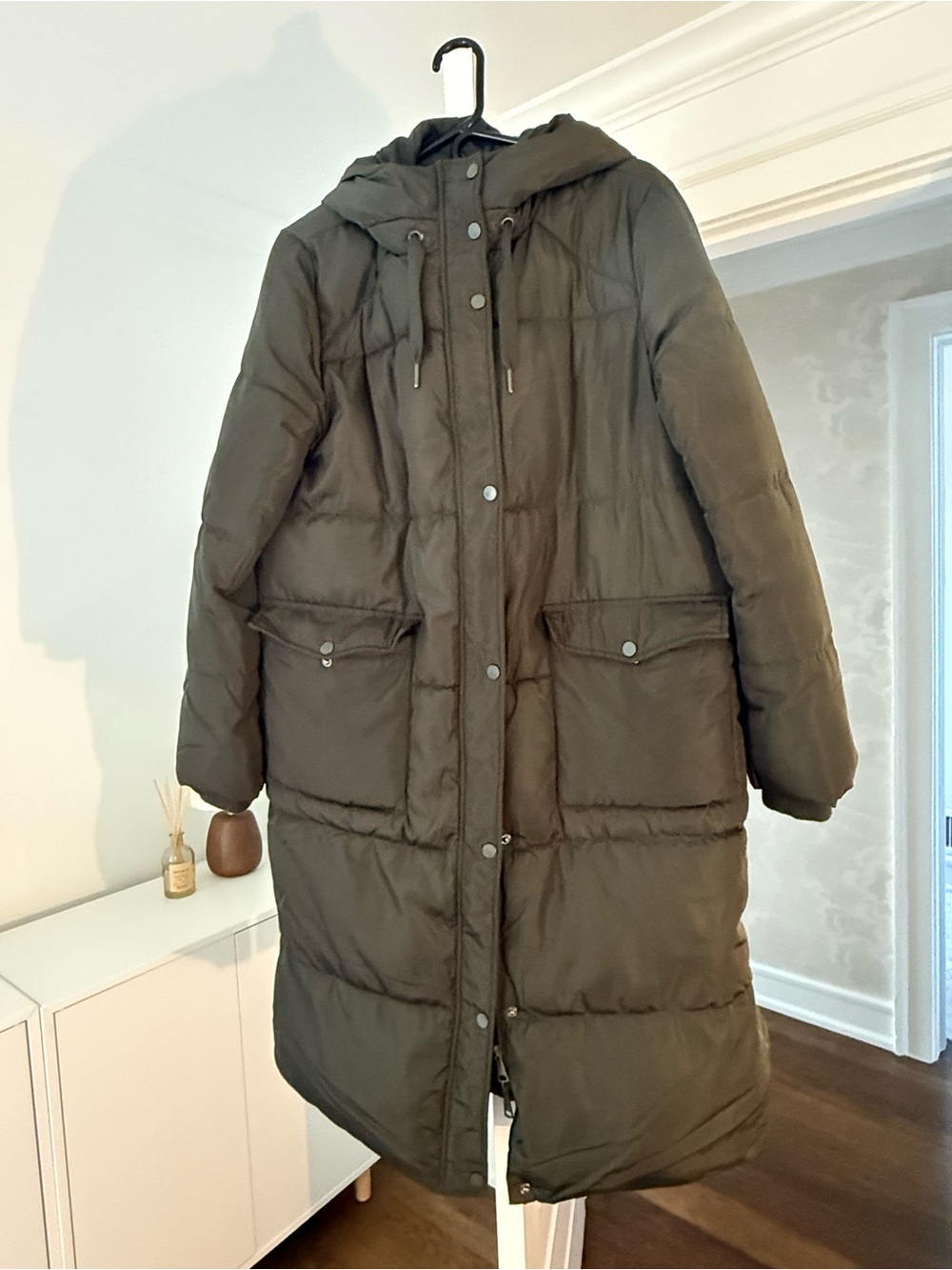 Primark Dark Olive Long Hooded Puffer Coat